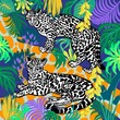 © Casiegraphics - Beautiful black and white Leopards on a branch with lots of tropical leaves