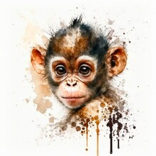 Cute Little Monkey In Aquarelle Style With Paint Splashes. Watercolor Illustration Of Baby Chimpanzee Isolated On White Background. Generative AI Art.