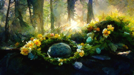 Wall Mural - Detail mountain meadow full of flowers and flower wreath. Digital art.