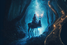 Night Fantasy Image Of Mystic Woman Riding Deer In Magical Forest Illumination . Sublime Generative AI Image .