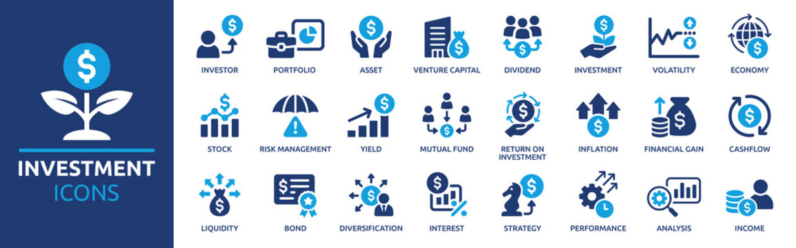 investment icon set. containing investor, mutual fund, asset, risk management, economy, financial ga