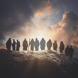 canvas print picture - A group of the 12 Disciple Apostles of Jesus Christ are standing on a rock mountain for a biblical christian message about faith and religion.