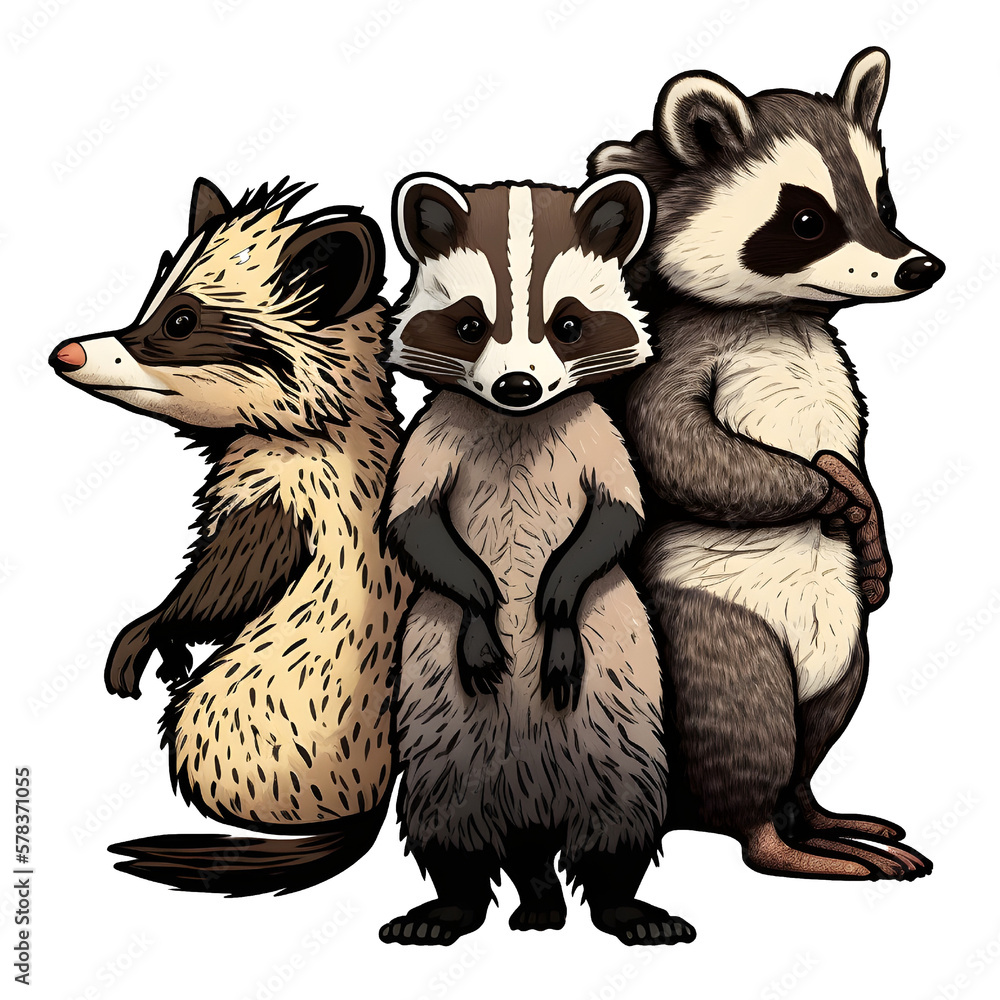 Cartoon-style illustration of a possum, skunk, and raccoon standing