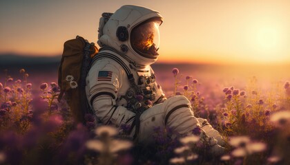 Canvas Print - Astronaut sitting in a flower fiels on another planet, made with generated ai