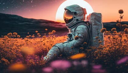 Canvas Print - Astronaut sitting in a flower fiels on another planet, made with generated ai