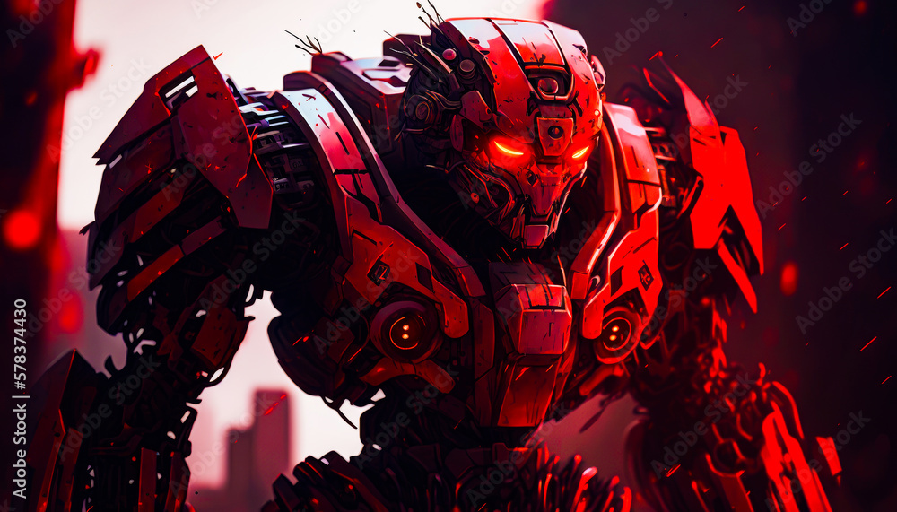 Robot with red eyes standing in front of city. Generative AI. Stock ...