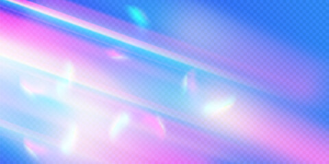Wall Mural - Rainbow light prism effect, transparent blue background. Hologram reflection, crystal flare leak shadow overlay. Vector illustration of abstract blurred iridescent light backdrop.