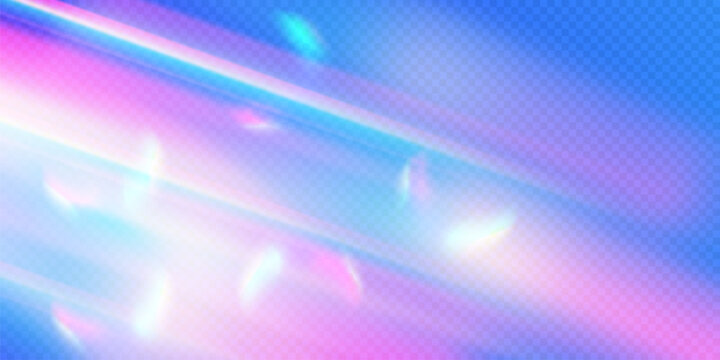rainbow light prism effect, transparent blue background. hologram reflection, crystal flare leak sha