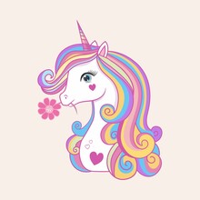 Cute Unicorn Portrait Cartoon Vector Illustration For Posters, T-shirt Print, Postcard.Magical Animal In Hand Drawn Style