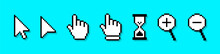 Pixel Cursor Or Computer Mouse Pointer Icons Set. Pixel Art Cursors - Arrows, Hand Click Pointers, Magnifier And Hourglass. Pixelated Computer Mouse Icons In 8 Bit Style. Vector.