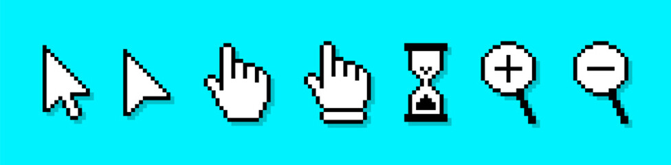 Pixel cursor or computer mouse pointer icons set. Pixel art cursors - arrows, hand click pointers, magnifier and hourglass. Pixelated computer mouse icons in 8 bit style. Vector.