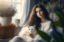 Beautiful Girl With Long Hair With White Cat Seating Near The Window, Generative AI