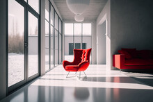 Red Chair In Minimalist Apartment Besides A Window With Snowy Landscape Outside. Generative AI