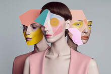 Portrait Of Stylish Women Over Pink Background With Geometrical Shapes On Face. Generative AI