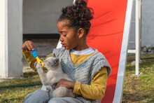 Positive Black Girl Playing With Cat On Playground