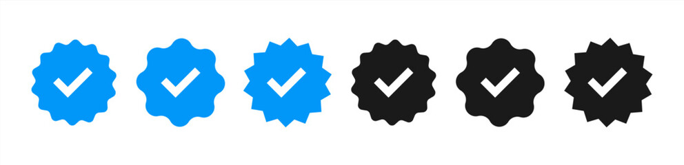 Poster - Verified badge profile set. Social media account verification icons . Isolated check mark on black and blue. Guaranteed signs. Vector illustration 10 eps.