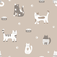  Seamless pattern with cute cartoon cats on light brown background. Vector illustration in flat style.