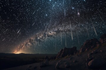 Wall Mural - Set of Illustrations of a landscape with asteriods, comets and shooting stars - Created with generative ai