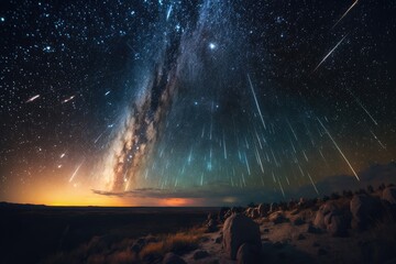 Wall Mural - Set of Illustrations of a landscape with asteriods, comets and shooting stars - Created with generative ai