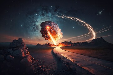 Wall Mural - Set of Illustrations of a landscape with asteriods, comets and shooting stars - Created with generative ai