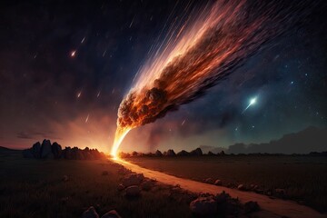 Wall Mural - Set of Illustrations of a landscape with asteriods, comets and shooting stars - Created with generative ai