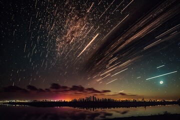 Wall Mural - Set of Illustrations of a landscape with asteriods, comets and shooting stars - Created with generative ai