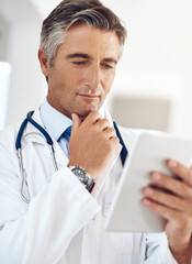 Canvas Print - I wonder...a handsome mature male doctor holding a digital tablet while standing in a hospital corridor.