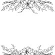 Hand drawn vector ink orchid flowers and branches, monochrome, detailed outline. Square frame composition. Isolated on white background. Design for wall art, wedding, print, tattoo, cover, card.