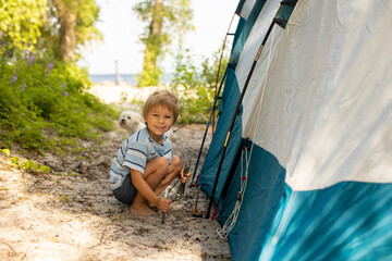 happy family, kids, boy brothers and a dog,playing around pitched tent on the beach, while wild camp