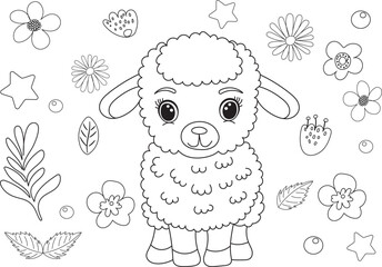 Sticker - sheep, lamb, childrens coloring book isolated vector