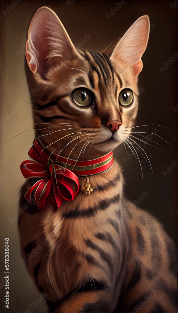 Red Toyger Toyger cat with isolated plain background | Toyger cat with red ribbon ...