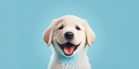 Wall Mural - cute adorable dog smiling and isolated on blue background with copy space generative ai