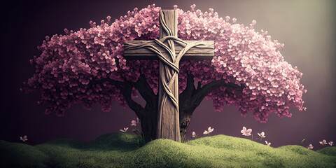 Wall Mural - A cross before a tree, in the spring, banner, Generative AI