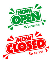 Lettering Now Open Closed For Door Sign. Vector Template On Transparent Background