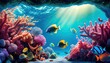 Underwater scene. Coral reef, colorful fish groups and sunny sky shining through clean ocean water. Space underwater for you to fill or just use standalone. High res. Generative Ai