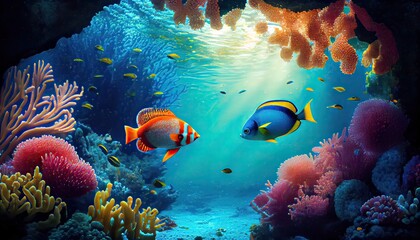 Wall Mural - Underwater scene. Coral reef, colorful fish groups and sunny sky shining through clean ocean water. Space underwater for you to fill or just use standalone. High res. Generative Ai