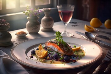 Michelin star quality food dish in a very atmospheric restaurant setting with bright daylight and wine on the table, AI generative.