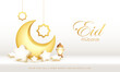 Islamic festive holiday design - Eid Mubarak. Crescent moon with star, lanterns and hanging decorations on 3D background.