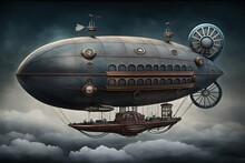 Landscape With Airship In The Sky With Clouds, Steampunk Style, Blue Background. Generative AI