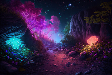 Wall Mural - Colorful bioluminescence plants in forest crystals Generative AI