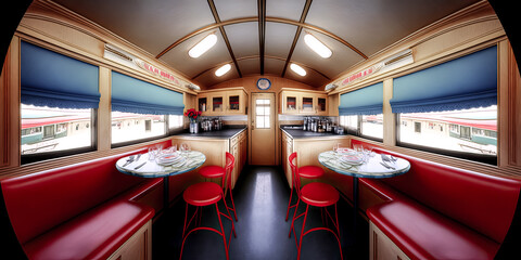 Wall Mural - A haunting, empty diner car from the 1940s is illuminated by the setting sun - generative ai.