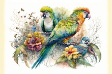 Wondrous Watercolor Painting Illustration Of Colorful Birds Perched On Tree Branch With Foliage And Flowers On Isolated Background. Nature And Wildlife In Hand Painting Style By Generative AI.