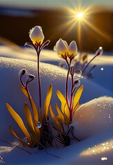 Wall Mural - The sun shines on the tiny orchid buds growing from the snow.