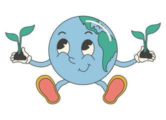 Y2k groovy earth day cartoon sticker. Environmental protection. Cute baby earth character.