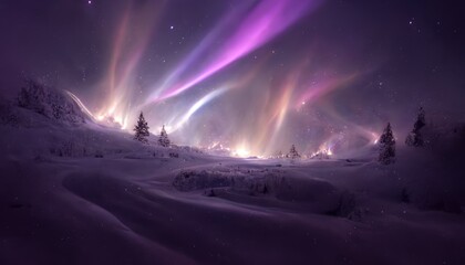 abstract of aurora in fantastic forest with magical purple light. concept of polar scape with mounta