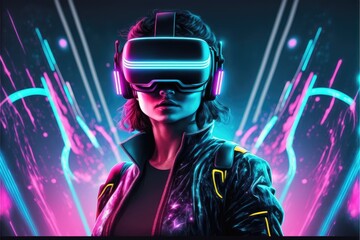 Wall Mural - A young woman in VR glasses playing video games with virtual reality headset. Concept of gaming in cyberpunk lifestyles. Finest generative AI.