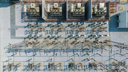 Aerial view substation with transformer high voltage electric power station, High voltage lines of electrical distribution station, Plant of electric station engineering construction.