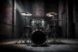 © Adin - Drum set on stage for band with spot lighting spotlight, dark background. Generation AI