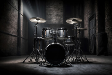 Drum set on stage for band with spot lighting spotlight, dark background. Generation AI