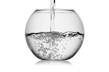 Splash jet of water pours in glass fishbowl with bubbles isolated, without glare. Reflection on the surface. Back light.	
